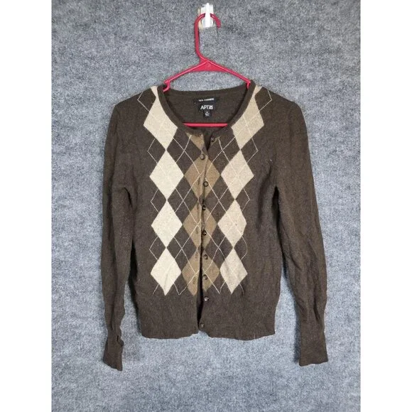 APT 9 Cashmere Cardigan Sweater Womens Medium Brown Argyle Button Front Knit - Picture 1 of 13